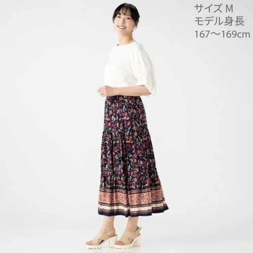 日单春夏松紧腰抽绳印花半身裙