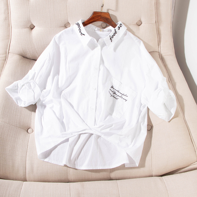 翻领刺绣口袋收口七分袖棉衬衫