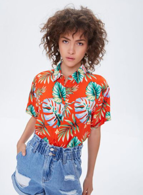 外贸单春夏新款休闲度假风植物印花翻领系扣人造丝衬衫小衫25563