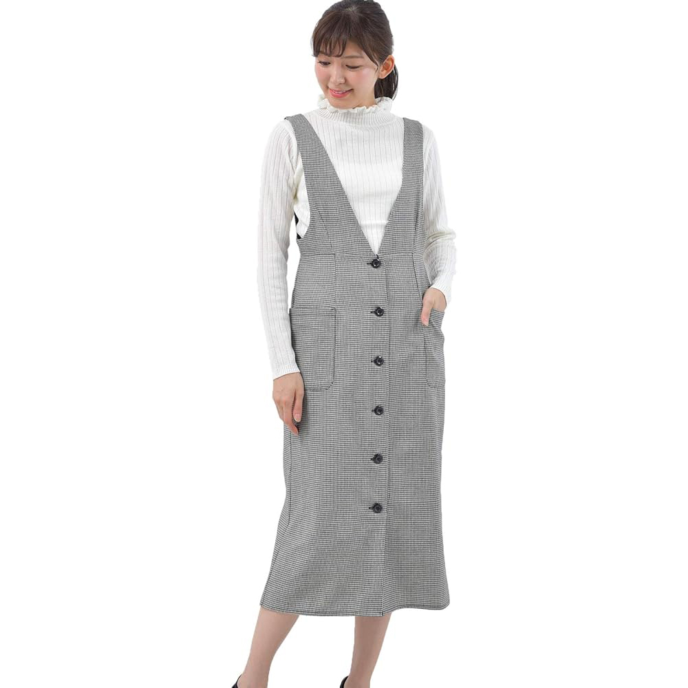 v领纽扣方口袋磨毛背心裙连衣裙