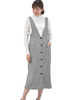 日单秋冬新款气质百搭深v领纽扣方形口袋磨毛背心裙连衣裙女31674
