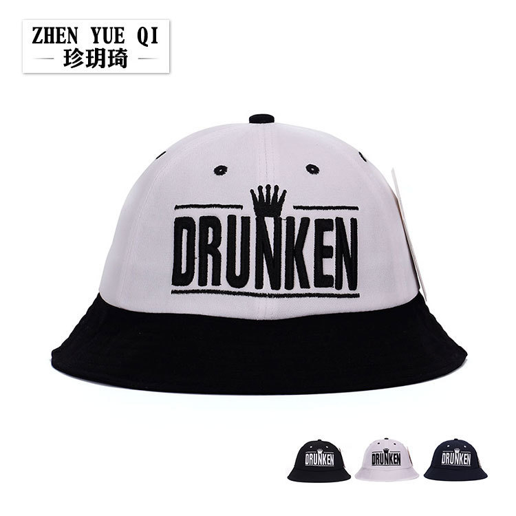 珍玥琦秋季新款韩国渔夫帽 女士街头休闲盆帽DRUNKEN皇冠刺绣帽子