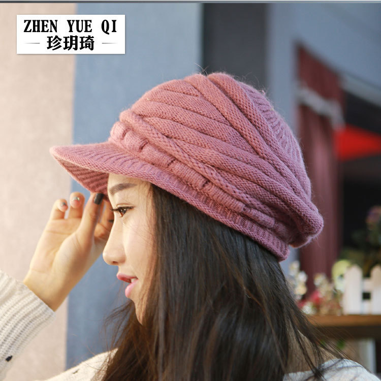 珍玥琦 韩版秋冬季加绒保暖毛线帽 女士时尚兔毛针织贝雷帽