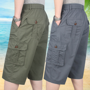 宽松大码 中老年薄款 多口袋中裤 爸爸男式 衩纯棉 爷爷夏款 短裤 七分裤