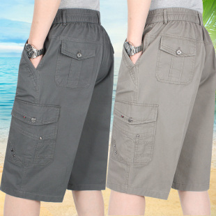 水洗纯棉直筒男式 多口袋爸爸短裤 七分裤 深裆高腰中裤 宽松薄款 夏季