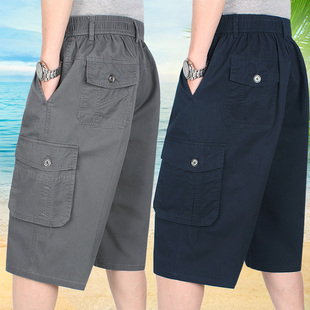 加肥七分裤 爸爸宽松大码 爸爸夏季 薄款 中老年男式 多袋中裤 纯棉短裤