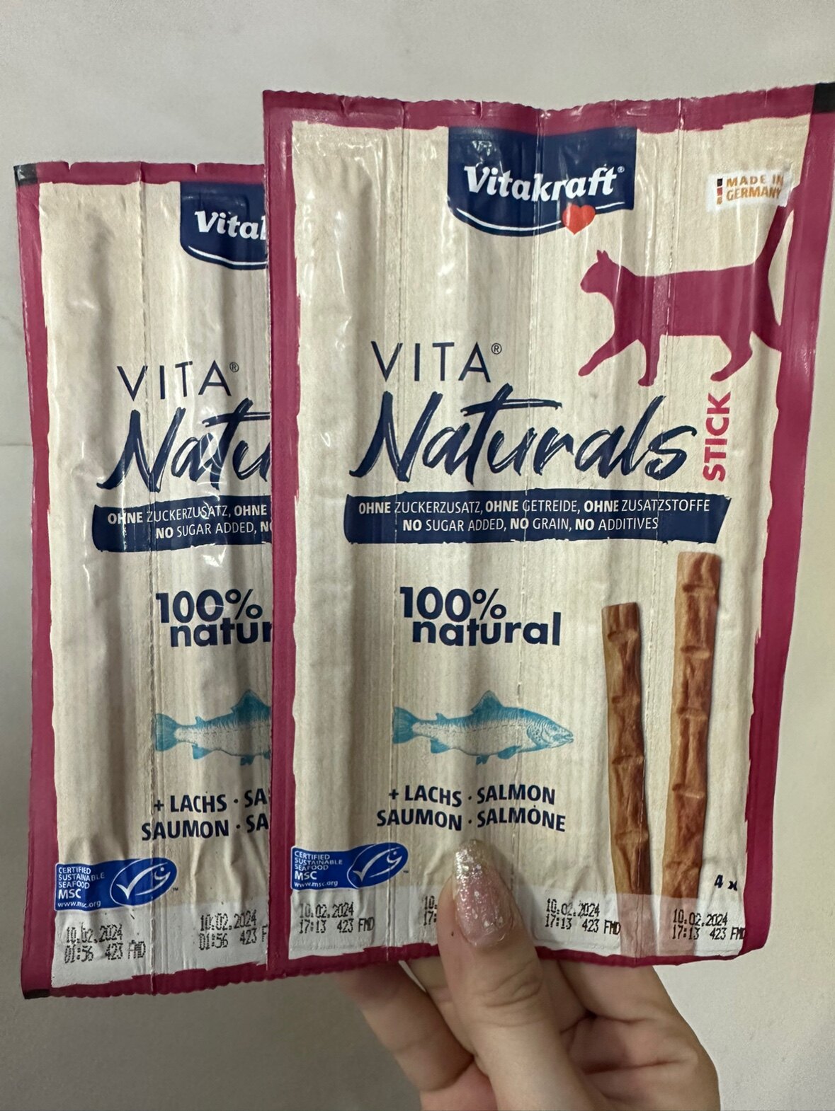 港购 德国 Vitakraft 天然滋味鸡肉鱼肉鱼肉肉条猫零食5g x 4