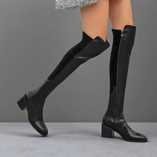 真皮过膝长靴5050靴子女粗腿胖mm方头粗跟弹力拼接高跟高筒长筒靴