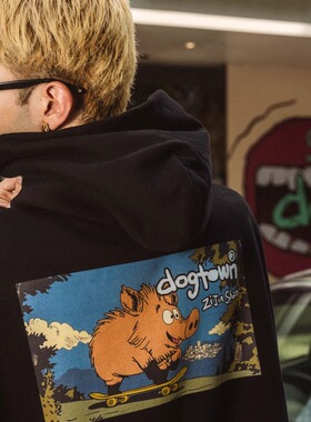 DOGTOWN 25FW南京地标系列紫金山滑板野猪卡通油画刺绣帽衫卫衣