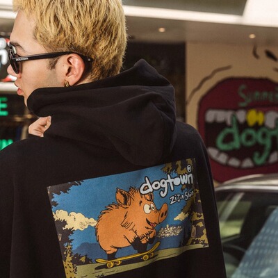 DOGTOWN 25FW南京地标系列紫金山滑板野猪卡通油画刺绣帽衫卫衣