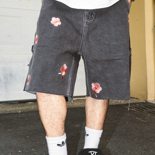 DOGTOWN牛仔中裤南京梅花刺绣LOGO磨边宽松水洗中裤牛仔短裤