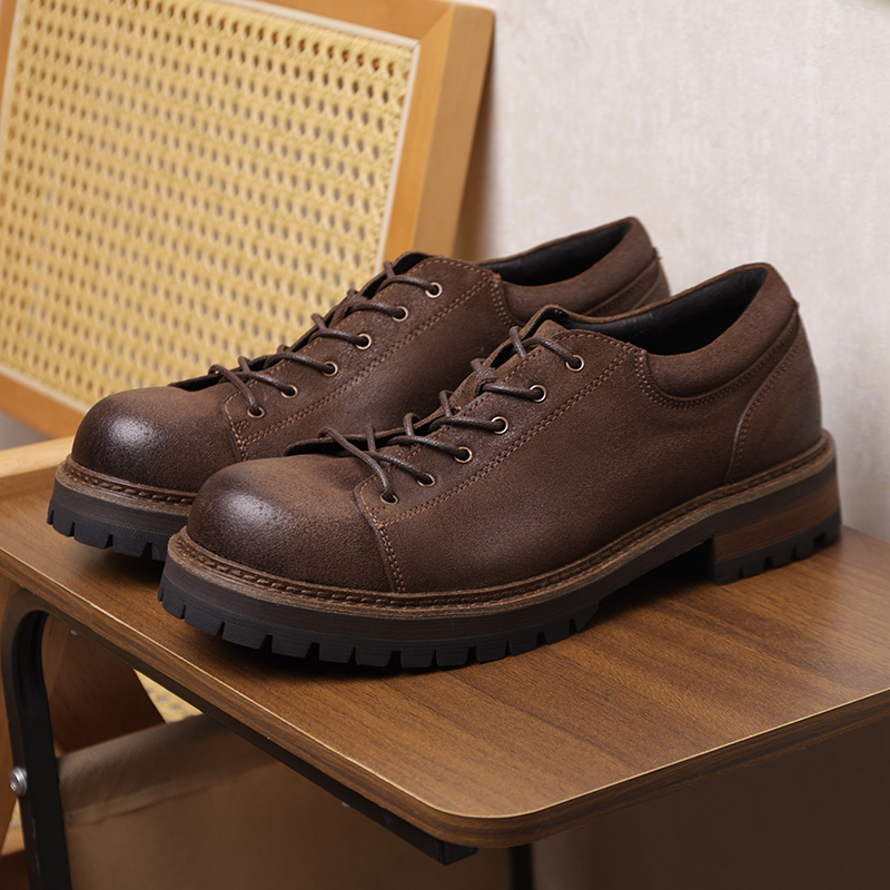 美式低帮工装鞋牛反绒磨砂感透气男士鞋复古厚底增高真皮休闲皮鞋