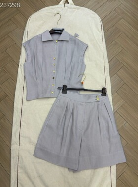 高端新款亚麻无袖上衣短裤紫色春夏蓝色