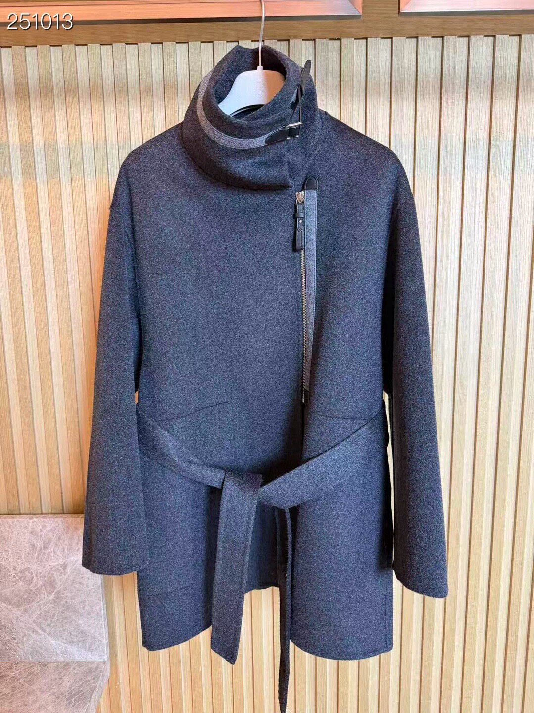 新款重工立领藏蓝色羊绒大衣外套毛呢外套