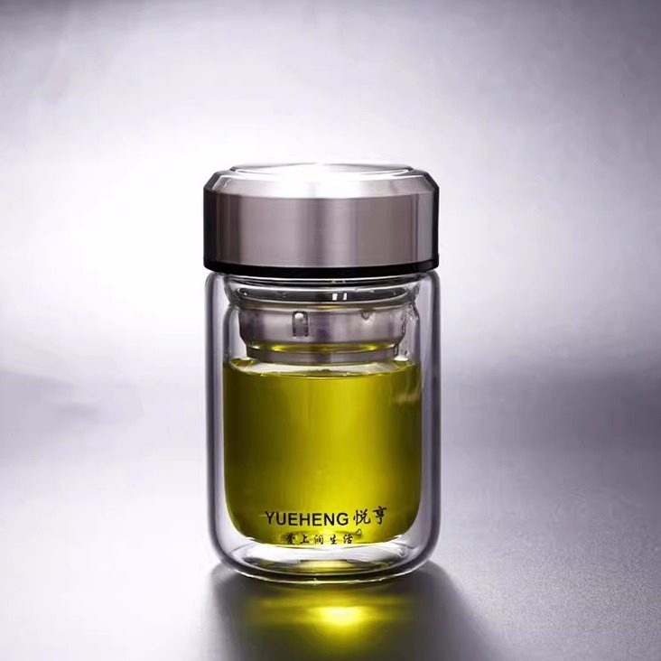 悦亨小巧精品双层玻璃杯耐热防烫便携手柄办公杯矮胖滤网泡茶水杯