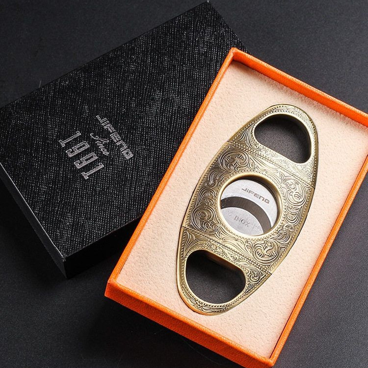 正品JIFENG季风雪茄剪刀不锈钢便携式双刃古铜浮雕雪茄刀礼盒包装