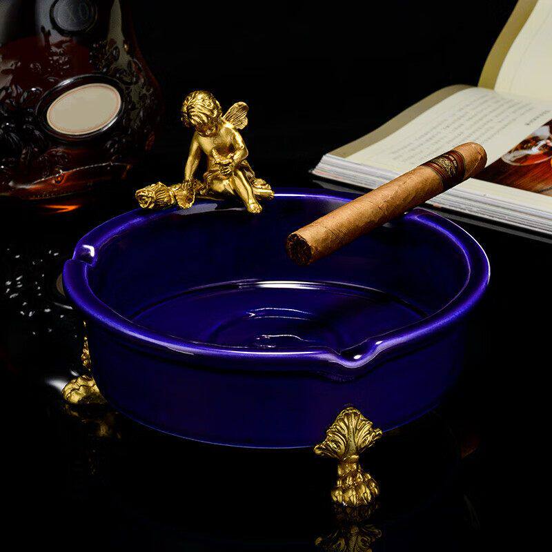 古巴雪茄烟灰缸复古欧式创意大口径烟槽陶瓷镶铜工艺品烟缸礼盒装
