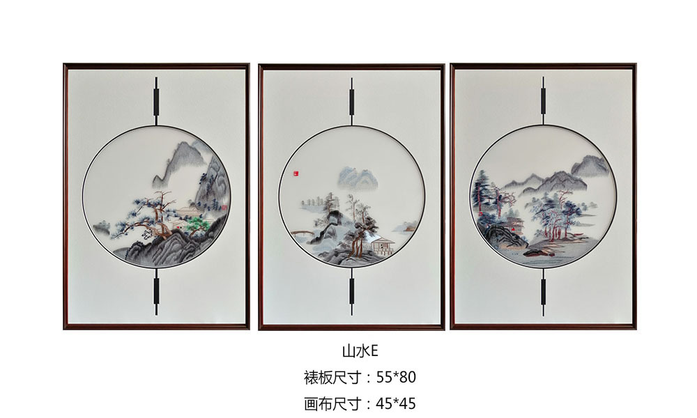 苏州刺绣机绣仿手工三联画客厅背景墙装饰画山水牡丹带框成品透纱图片