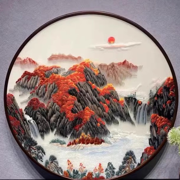 苏州刺绣鸿运当头山水画圆框带框装饰画挂画玄关走廊床头工艺品图片