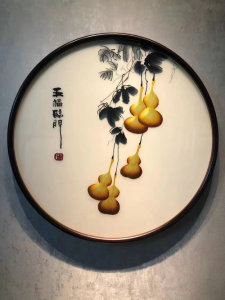 苏州刺绣手工绣餐厅客厅玄关走廊圆形牡丹山水装饰画成品特产礼品