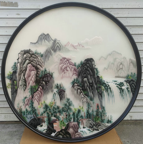 苏州刺绣山水画圆形装饰画挂画玄关走廊餐厅床头带框成品工艺品图片