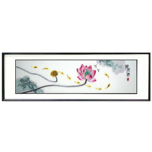 苏州刺绣机绣仿手工床头画装饰画挂画卧室成品荷花山水事事如意
