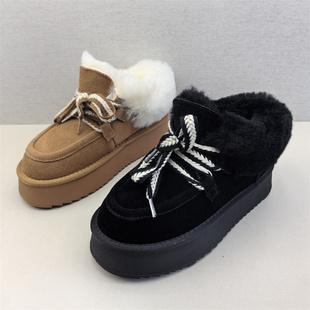 工厂断码真皮女鞋冬季新款舒适休闲圆头系带厚底保暖磨砂皮雪地靴