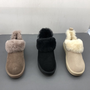 工厂新款断码真皮女鞋冬季简约羊毛平底保暖圆头洋气磨砂皮雪地靴