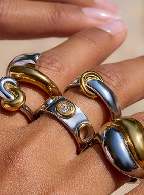 杰鼎欧美拼色戒指钛钢不掉色首饰轻奢感指环跨境爆款饰品ring