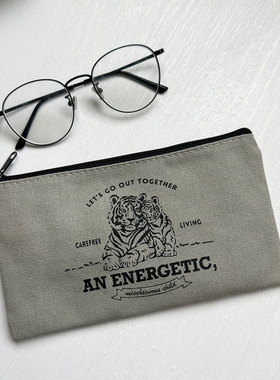 长形化妆品收纳包文具收纳便携笔袋日韩简约灰色帆布文具收纳布袋