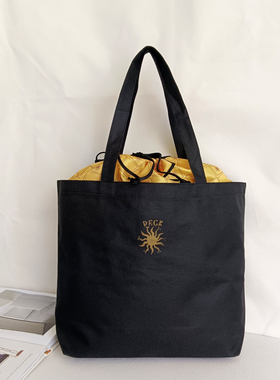 外贸订单黑色简约印花便携购物袋大便当礼物超市购物通勤收纳布袋