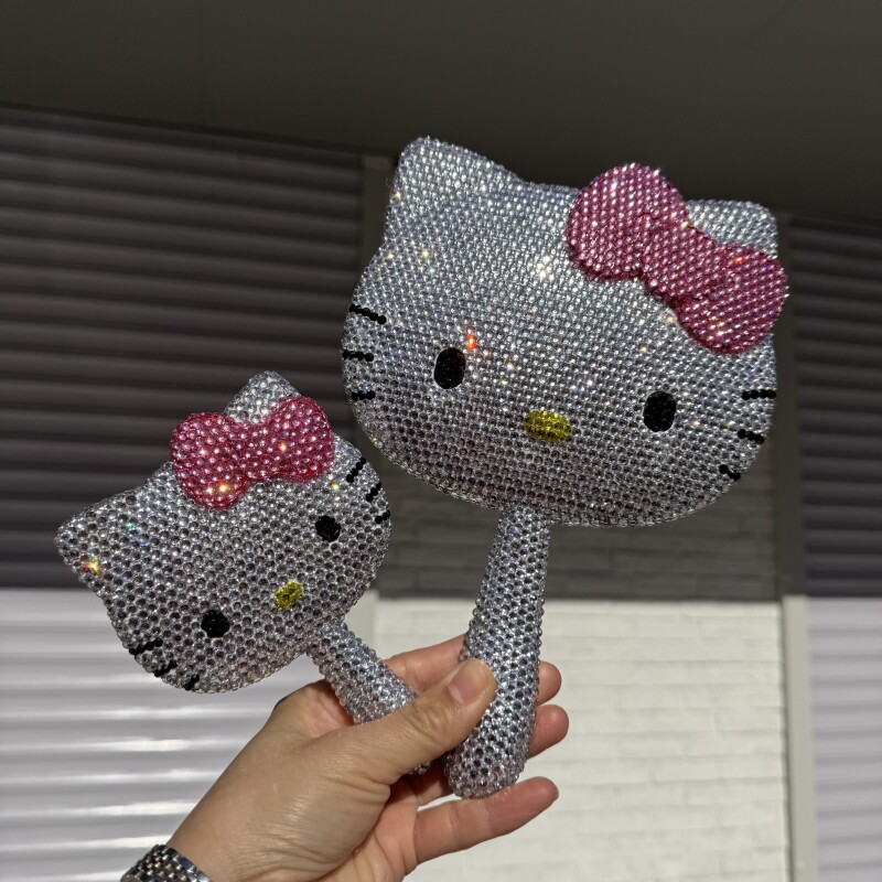 小号亮钻hellokitty猫手工DIY贴钻手柄镜子粉色KT猫镶钻生日礼物