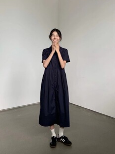 新款梨型身材微胖穿搭高级感小个子藏蓝色衬衫连衣裙子女夏季