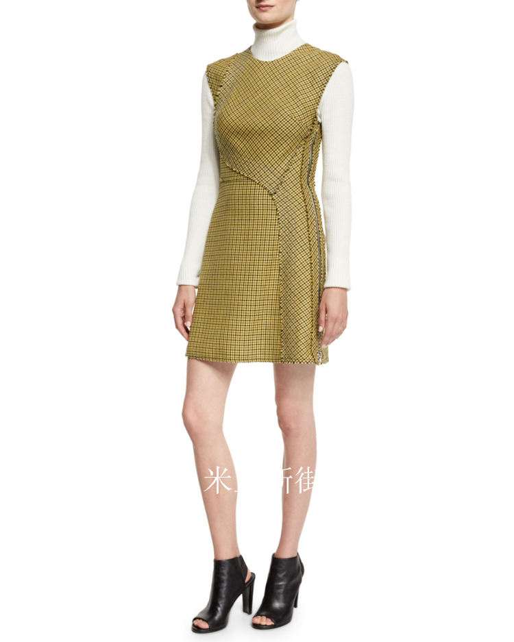 拼接千鸟格修身背心羊毛连身裙