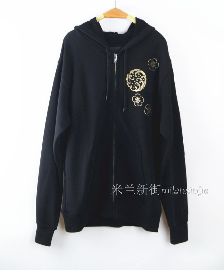 原399独特工艺精美立体浮雕感鱼印花金色烫印精棉连帽外套卫衣黑