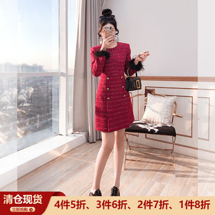 红色休闲裙子2026马年女装秋冬气质过年小众复古花呢小个子连衣裙