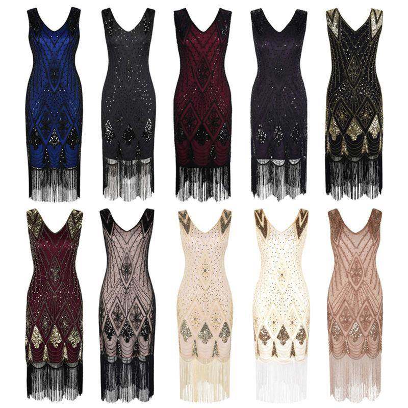奢华1920重工珠绣特色亮片礼服裙盖茨比舞会流苏连衣裙