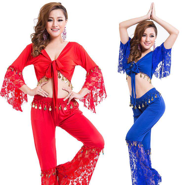 肚皮舞练习服蕾丝上衣喇叭裤舞蹈服表演服练功服吊币瑜伽服套装