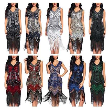 1920复古风亮片钉珠连衣裙前后V领时尚流苏礼服