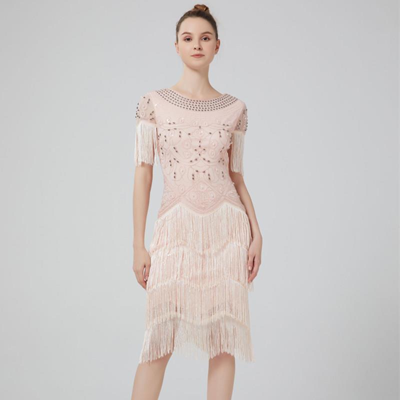 亮片连衣裙1920复古盖茨比舞会派对手工珍珠串珠流苏短袖晚礼服裙