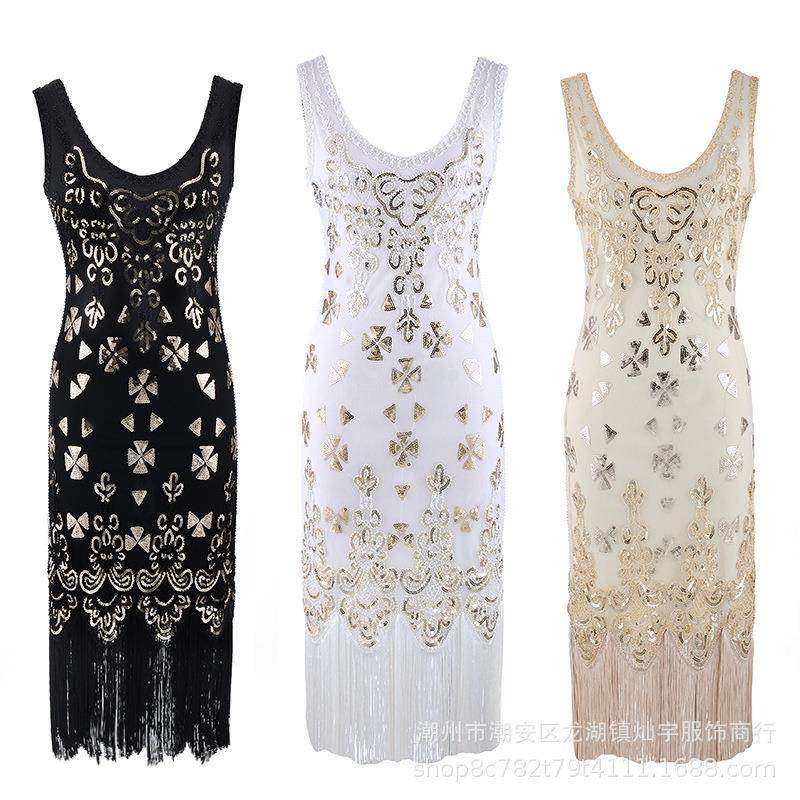 1920复古新款重工双面钉珠V领大码流苏连衣裙礼服裙