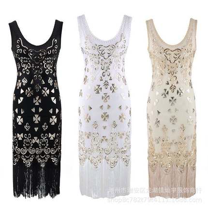 1920复古新款重工双面钉珠V领大码流苏连衣裙礼服裙