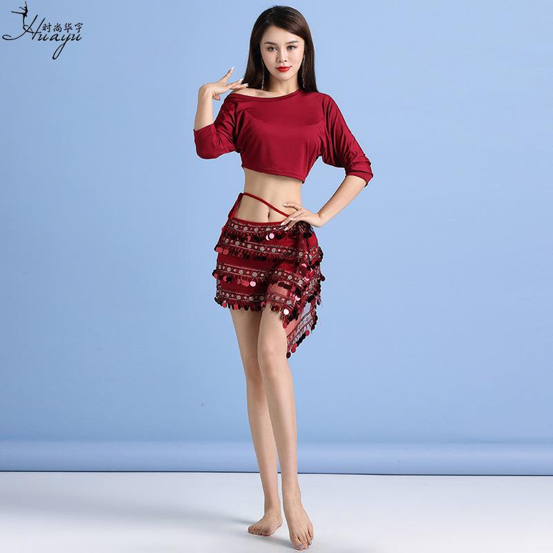 华宇新款肚皮舞练习服宽松蝙蝠袖流苏亮片臀巾东方舞练功服套装女