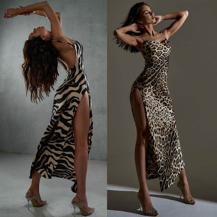 无袖潮流女装夏季时尚印花修身开叉露背吊带连衣裙