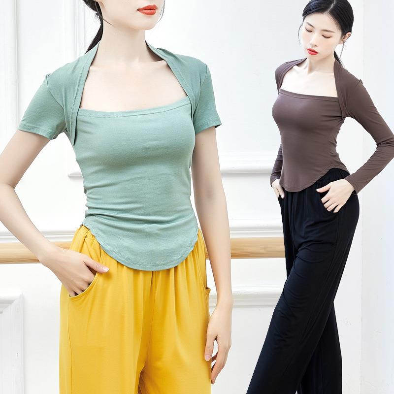 法式包肩露锁骨短袖上衣教师女现代爵士中国舞蹈训练形体练功服装
