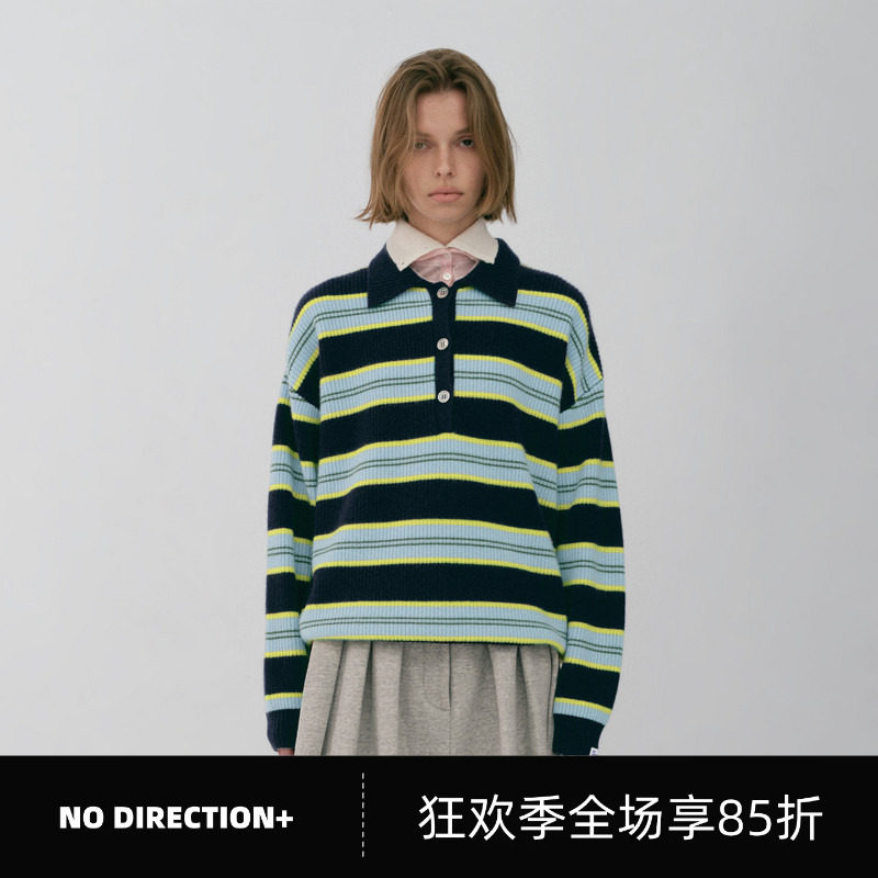 NO DIRECTION+2026冬艺术学院风长款羊毛条纹Polo衫N640155662D41