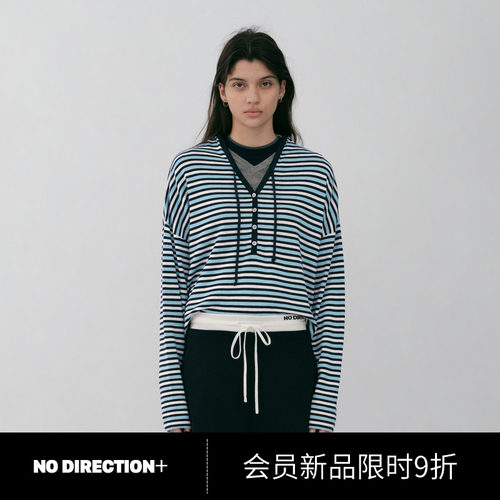 NO DIRECTION+2026秋V领连帽宽松三色彩条羊毛针织衫N630135606A