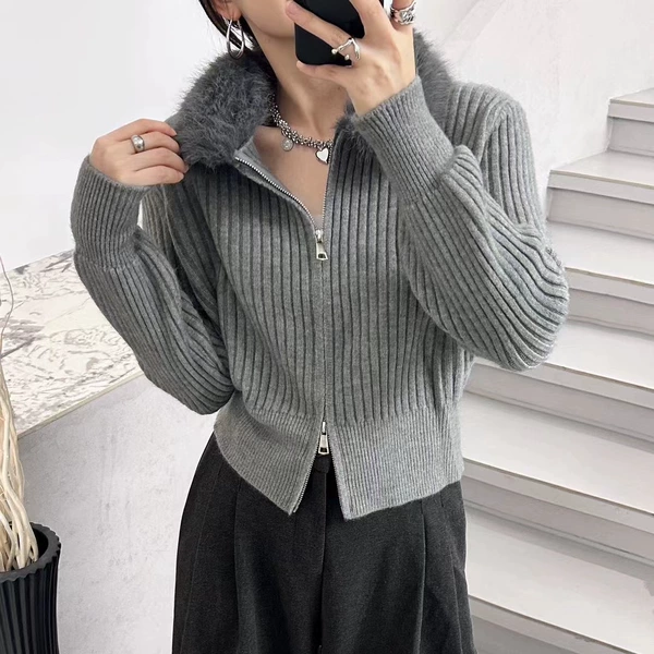 韩系闺蜜同款毛领双头拉链针织开衫女2025年新款高级温柔气质显瘦