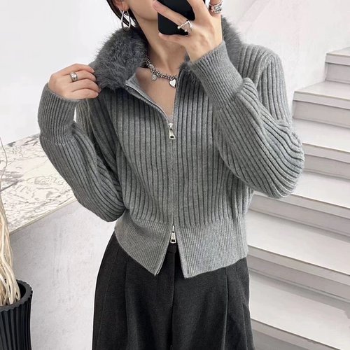 韩系闺蜜同款毛领双头拉链针织开衫女2025年新款高级温柔气质显瘦