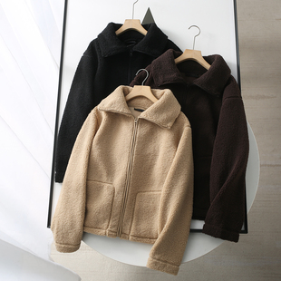 走德国单  泰迪绒外套女翻领秋冬保暖休闲实穿宽松大码短外套